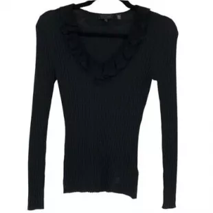 Anyibel Black Ruffle V-Neck Ribbed Knit Fitted Sweater