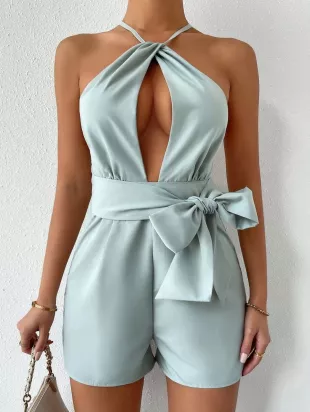 Cutout Tie Front Backless Romper
