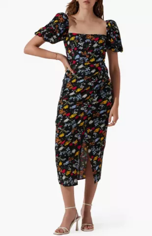 Floral Puff Sleeve Slit Front Midi Dress