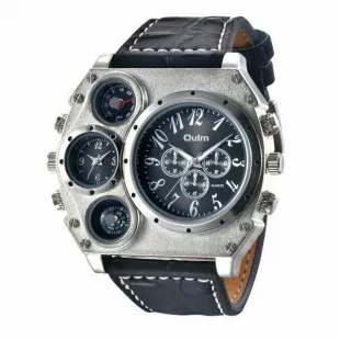 Two Time Zone Large Dial Men Watches Military Quartz Watch Leaher Band Gift
