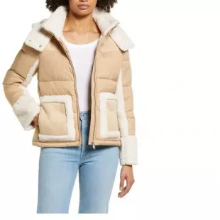 Mixed Media Puffer Jacket with Faux Fur Trim