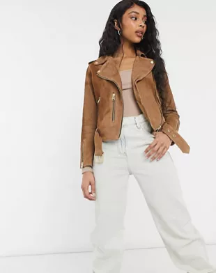 Balfern Leather Biker Jacket In Tan Suede