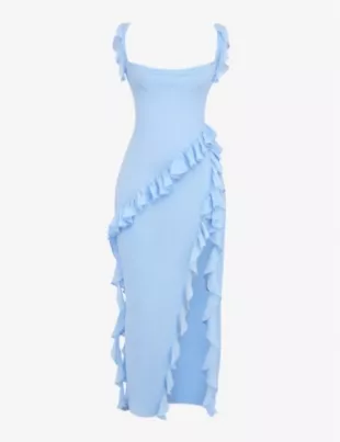 Ariela Ruffle Side Slit Gown in Soft Blue