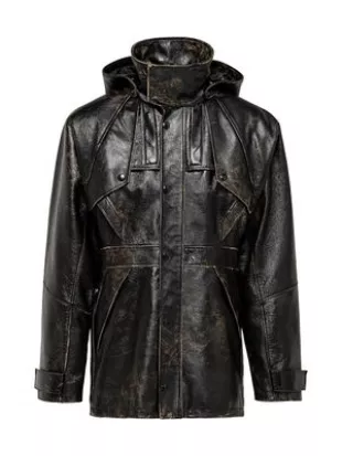 Black Paneled Worn Leather Hooded Jacket