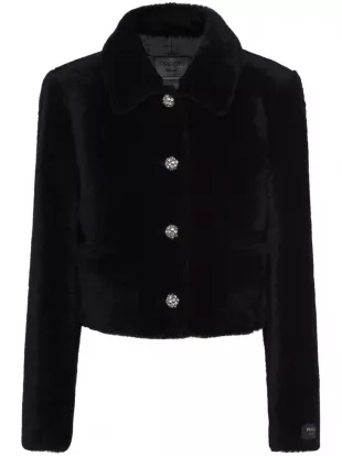 Black Shearling Crystal Button Cropped Jacket