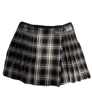 Pleated Plaid Wool Mini Skirt with Belt Detail