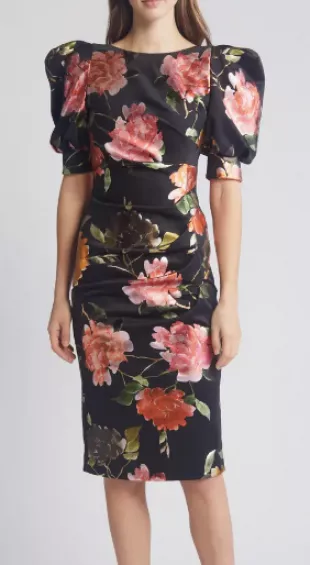 Black Halo - Floral Puff Sleeve Cocktail Dress