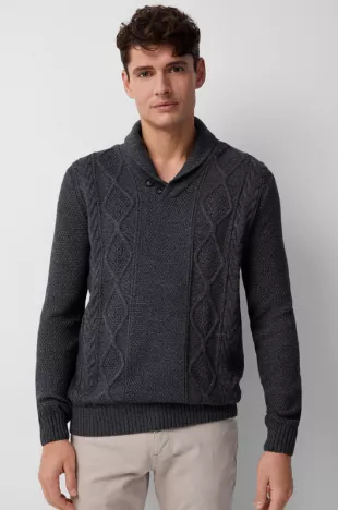 Embossed Knit Shawl Collar Sweater
