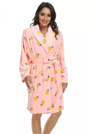 Womens Plush Robe, Short lightweight Soft Fleece Robes Spa Bathrobe for Women with Pockets(S/M Pineapple-pink)