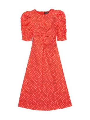 Ruched Dot Stretch Crepe Midi-Dress