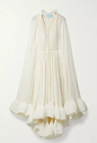 Cape-Effect Tie-Detailed Ruffled Crepe Dress
