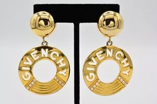 Vintage Clip Earrings Logo Disc Dangle Gold Chunky