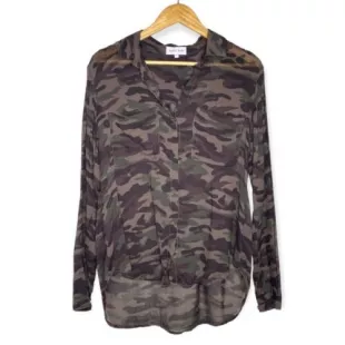 Green Camo Camouflage Hipster Button Front Shirt Women's Size Medium