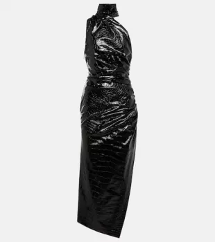 Black Croc-Embossed Asymmetric Maxi Dress