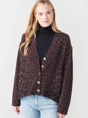 Mirka Leo Brown Leopard Print Cashmere Sweater Cardigan