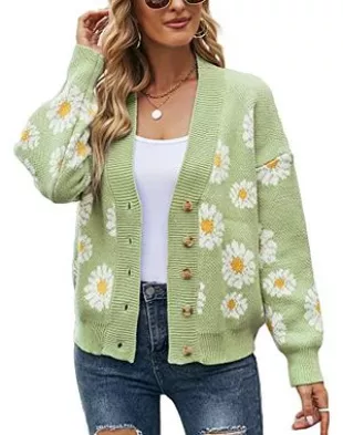 Women's Floral Cardigan Sweater Knitted Long Sleeve Sweater Botton Front Loose Cardigan Coat Green