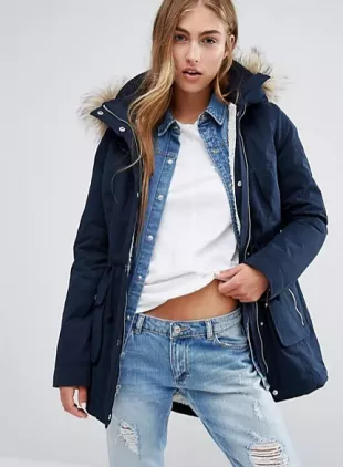 Hollister - Sherpa Lined Parka Coat With Faux Fur Trim Hood