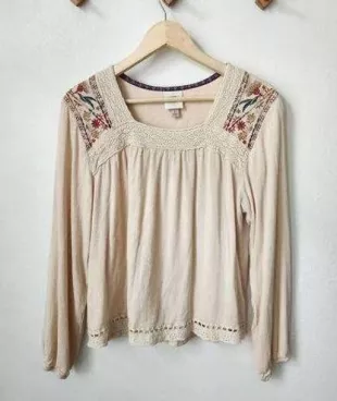 Rose Neutral Embroidered Sleeve Flowy Blouse