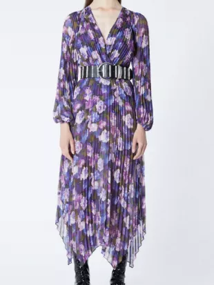 Long Pleated Dress With Violet Print
