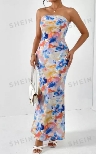 Spring Break Floral Print Draped Backless Tube Long Summer Dress