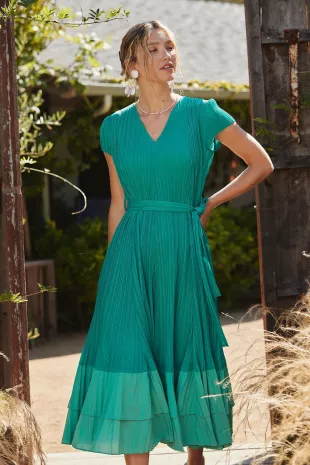 Current Air - Pleated Colorblock Midi Dress in Teal