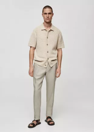 MANGO MAN - Openwork knit polo with buttons beige - L - Men