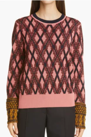 Embroidered Metallic Argyle Knitted Sweater In Pink