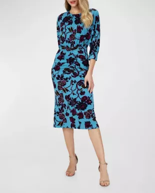 Floral-Print Blouson-Sleeve Midi Dress