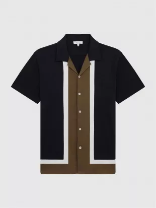 Karis Mercerised Cuban Collar Shirt in Navy/Toffee