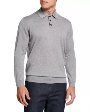 Cashmere/Silk Long-Sleeve Polo Sweater