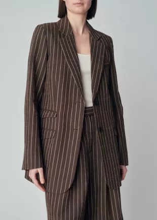 Classic Slim Fit Blazer in Linen Brown Stripe