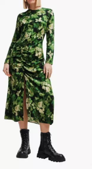 Camoflower Print Ruched Long Sleeve Midi Dress