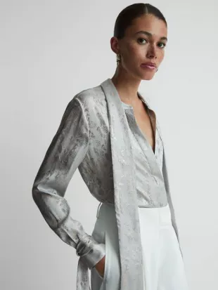 Silver Palma Premium Metallic Removable Tie Detail Blouse