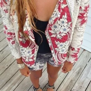 Red White Floral Cardigan
