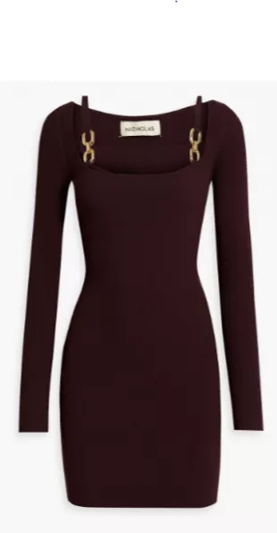 Eydis Layered Chain-embellished Ribbed-knit Mini Dress In Merlot