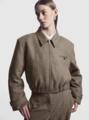 Power-Shoulder Wool-Herringbone Jacket