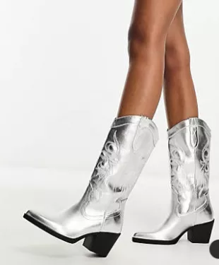 Bershka Western Cowboy Boots in Silver Metallic