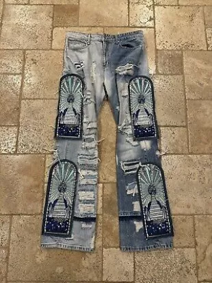 Jeans Who Decands War WDW Destination Finale - Taille 34, Longueur 35", Style Flare, Délavé Bleu