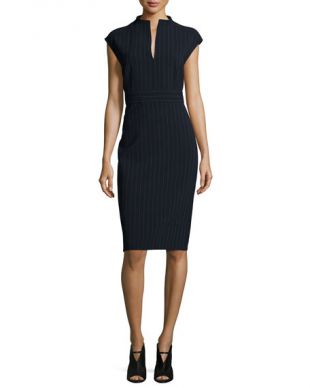 Max Mara Doppio-Pinstriped Split-Neck Sheath Dress