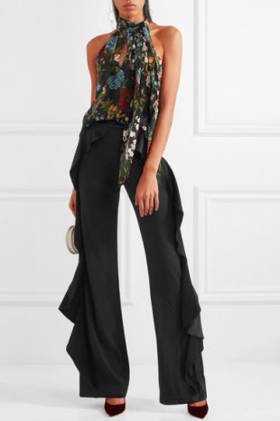 Alice + Olivia   Wallace satin ruffled trimmed crepe wide leg pants