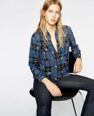 Chemise soie carreaux bleus et noirs brodée