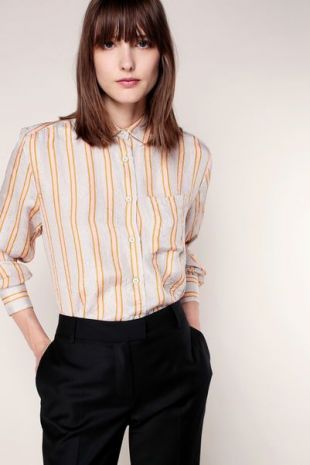 Chemise en soie gris perle rayée corail et fleurs tissées