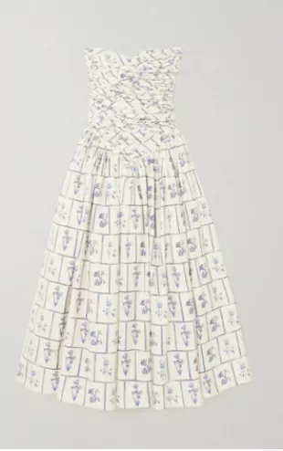 Cleo Strapless Ruched Floral Tile-Print Midi Dress