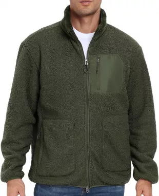 Men's Fuzzy Sherpa Warm Fleece Jackets Stand Collar Teddy Velvet Full Zip Outdoor Winter Soft Coat With Pocket