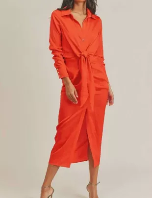 Front Tie Shirt Midi Dress In Tomato Red