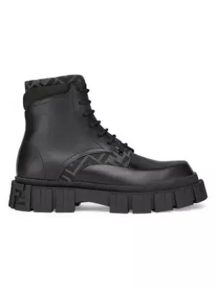 Men's Logo-Jacquard Leather Combat Boots