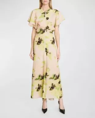 Abstract-Print Short-Sleeve Drape-Shoulder Maxi Dress