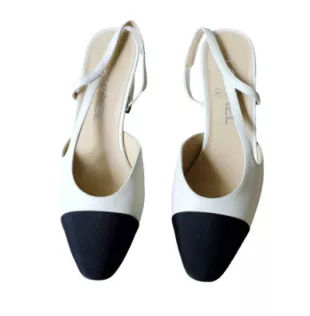 SLINGBACK LIGHT BLUE TWEED AND BLACK CALFSKIN