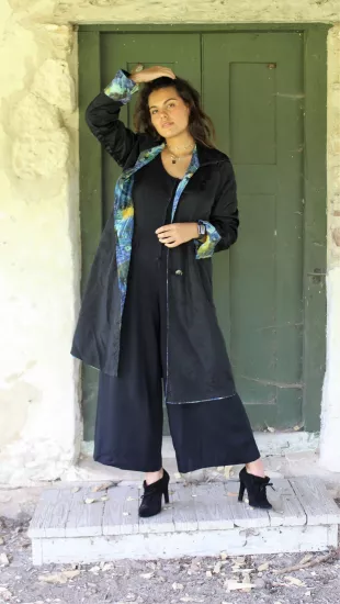 Rain Coat Women, Vintage 1960s Reversible Raincoat, Blue Yellow Green Print,