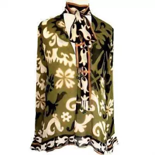 Blouse V-Neck Cut Out W/ Tie, Long Sleeve Hawaiian Floral Pattern